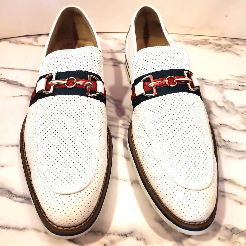 Fratelli White Leather Oxford Shoes Men's Sz 11 Gold Buckle Green Maroon Stripe